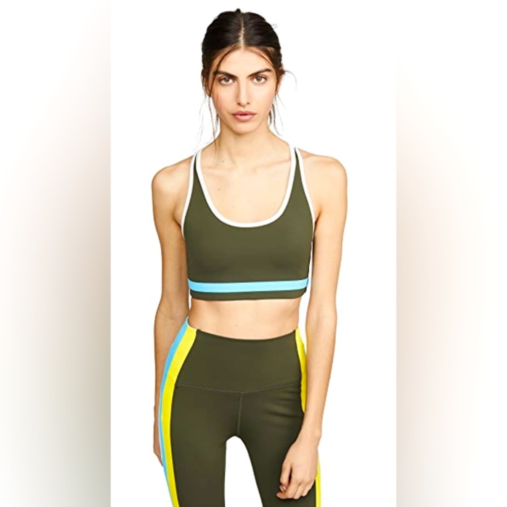 Splits59 Olive Sports Bra with Blue and White Trim